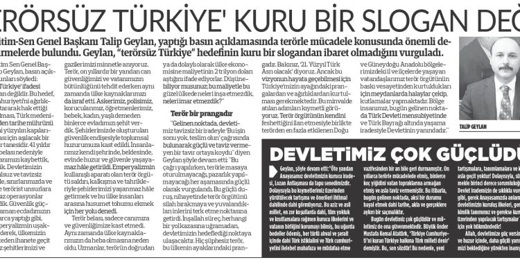 ‘Terörsüz Türkiye’ Kuru Bir Slogan Değil – Türkgün